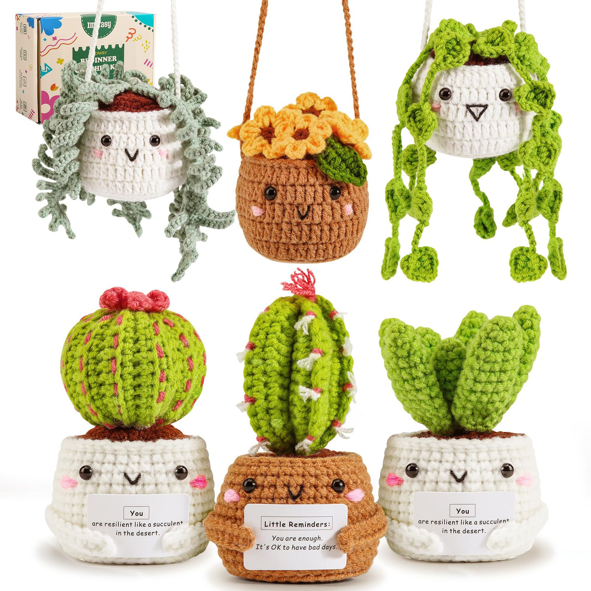 Imcrasy Crochet Kit for Beginners with Step by Step Video Lessons | 6 PC Potted Plants and Succulent Family Crochet Kit with Accessories (40%+ Yarn) Imcrasy