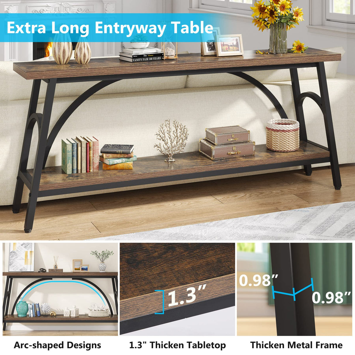 Tribesigns Extra Long Sofa Tables, 70.8”Console Table for Entryway, Wood Console Table 2 Tier TV Stand, Behind Couch Table for Living Room, Rustic Brown Black Tribesigns