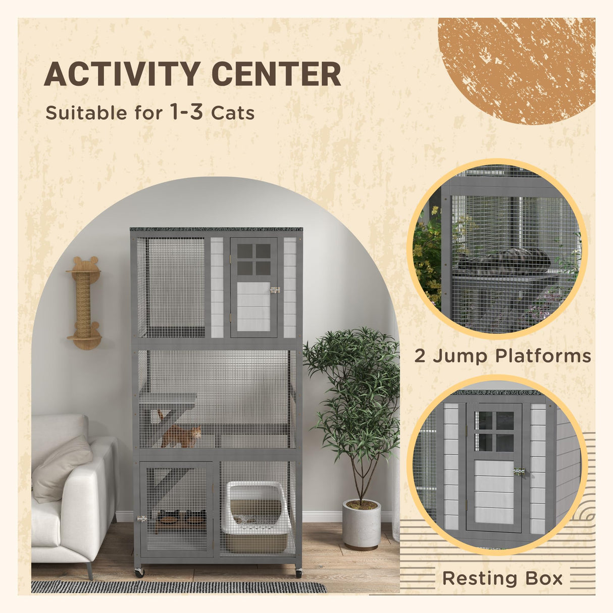 PawHut 74" Wooden Catio Outdoor Cat House Weatherproof & Wheeled, Outside Cat Enclosure with High Weight Capacity, Kitten Cage Condo, Light Gray PawHut