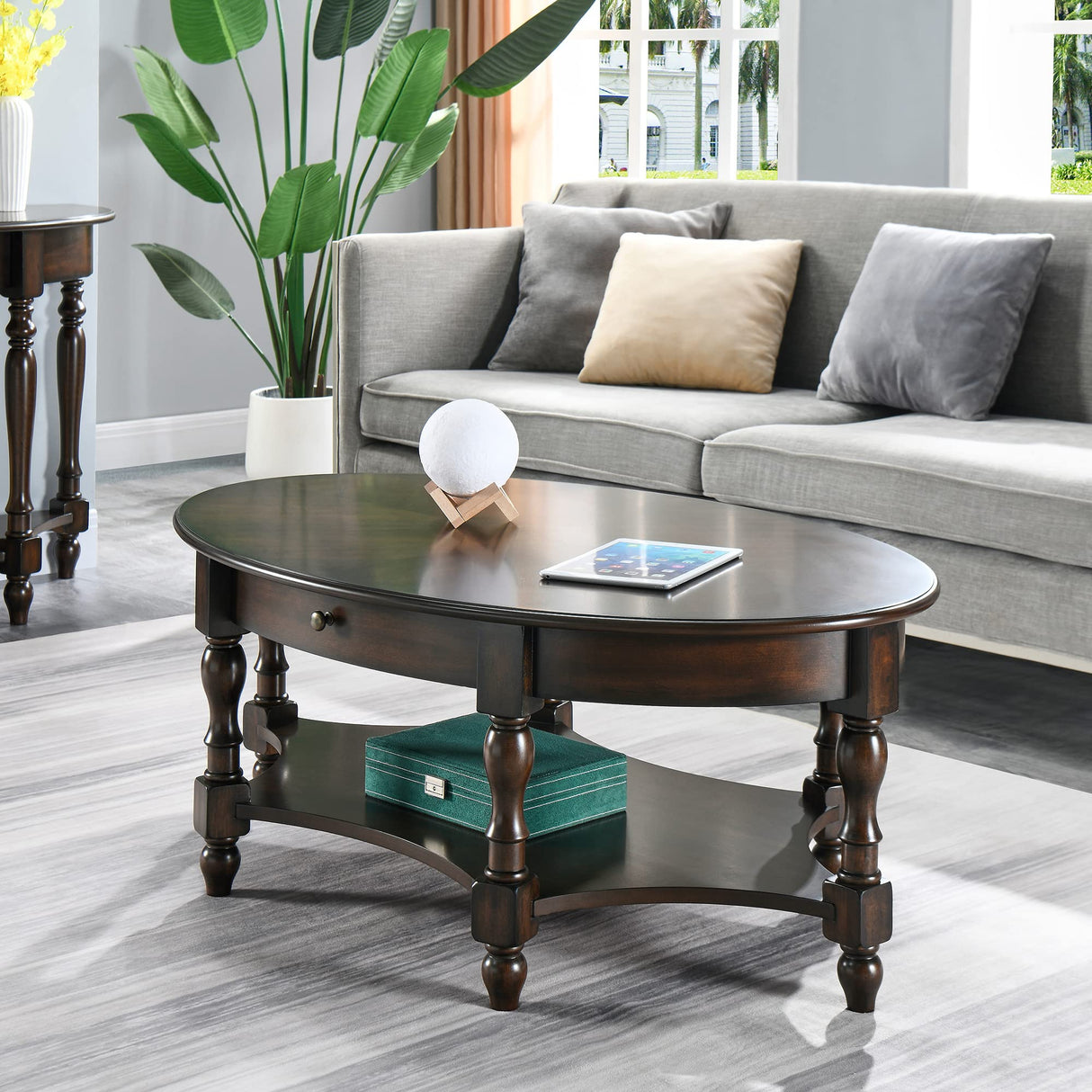 JESONVID Solid Wood Oval Coffee Table with Drawer and Storage Shelf, 44.9" Traditional Retro Center Table Polished Edging Cocktail Tea Table for Living Room Bedroom Home, Vintage Walnut JESONVID