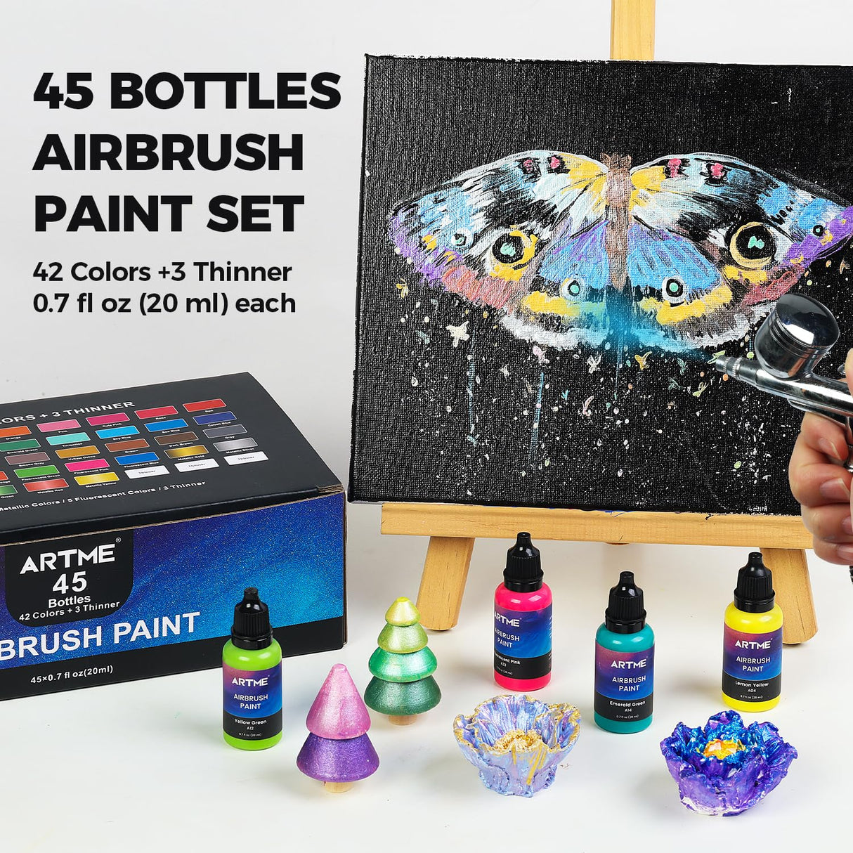Airbrush Paint, ARTME 42 Colors with 3 Thinner, Ready to Spray, Opaque & Water Based Acrylic Airbrush Paint Set Including Metallic & Neon Colors, Premium Air brush Paints for Metal, Models, Plastic, Canvas, and Wood ARTME