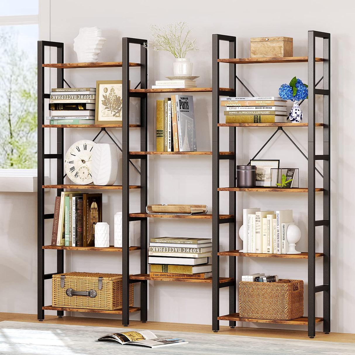 oneinmil Triple Wide 5-Shelf Bookcase Industrial Vintage Wood Style Large Open Bookshelves for Home&Office, Rustic Brown (5 Tier, Rustic Brown) oneinmil