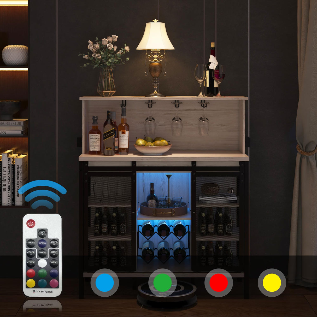 QNICE LED Industrial Wine Bar Cabinet for Liquor and Glasses/Sliding Barn Door Coffee Bar Cabinet with Light/Farmhouse Sideboard Buffet Storage Cabinet with Wine Rack/Rustic Oak/Easy Assembly QNICE