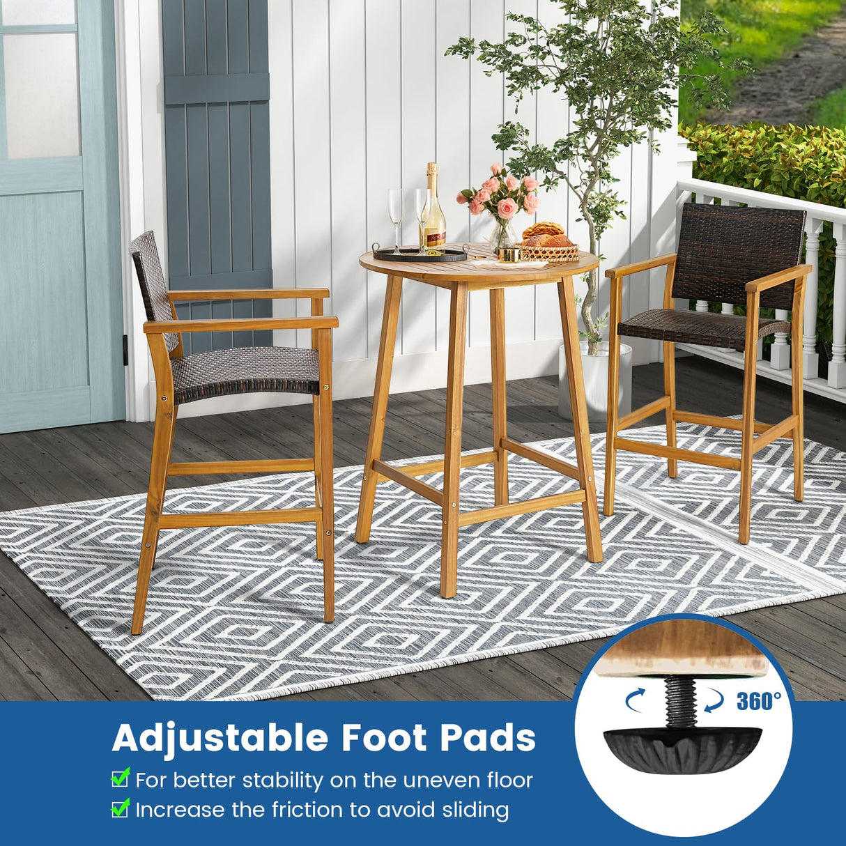 HAPPYGRILL 31.5” Round Bar Table, Bar Height Table with Umbrella Hole & Slatted Tabletop, Acacia Wood Patio Bistro Table, Side Table for Indoors Outdoors HAPPYGRILL