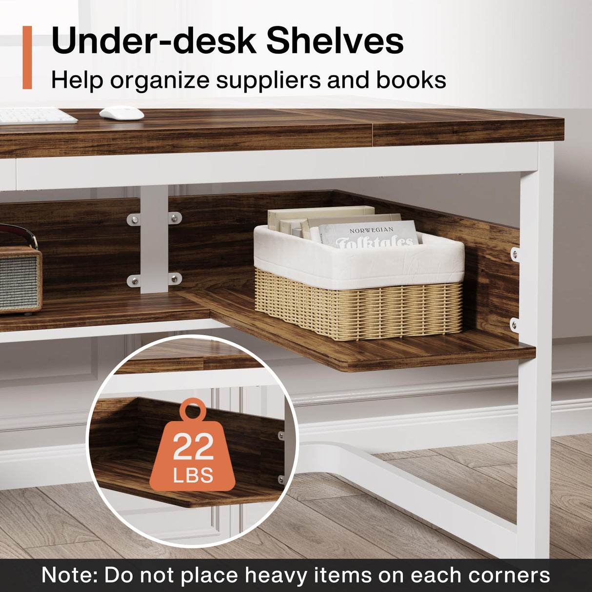 Tribesigns 63" Executive Desk with Bottom Shelves, Large Office Computer Desk, Modern Simple Workstation Business Furniture for Home Office (Walnut & White) Tribesigns