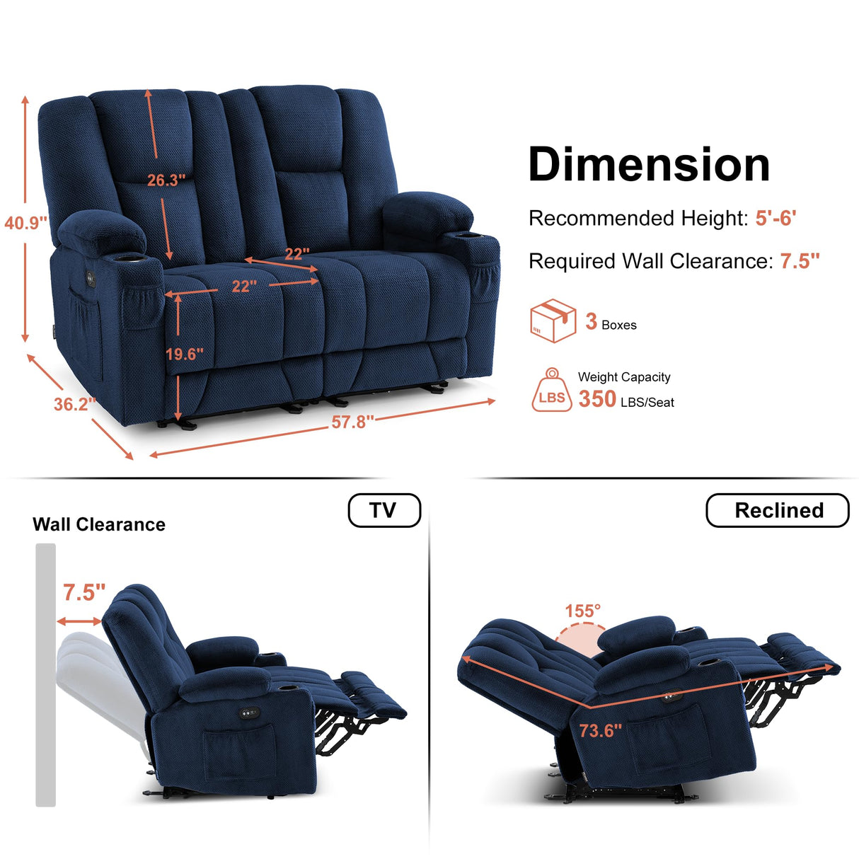 MCombo 57.8" Zero Gravity Power Loveseat Recliner with Heat and Vibration Massage, Reclining Loveseat Sofa with USB Ports, Cup Holders for Living Room, Fabric 6035SET (Navy Blue) MCombo