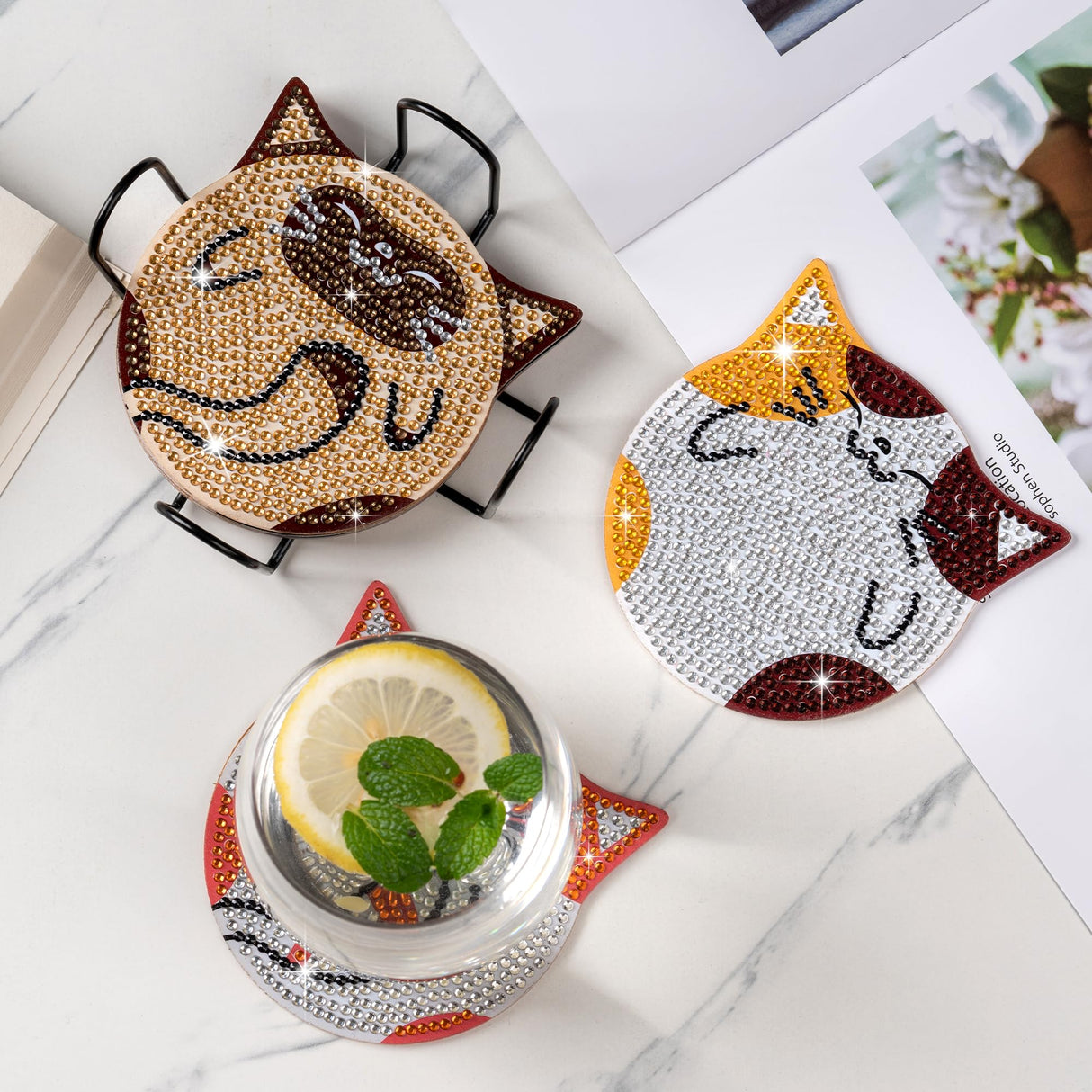 handlish 6 Pieces of Cute cat Diamond Art Coaster with Stand, Adult and Child Diamond Painting Art Set, DIY Diamond Art for Beginners, Family Craft Items (CAT) handlish