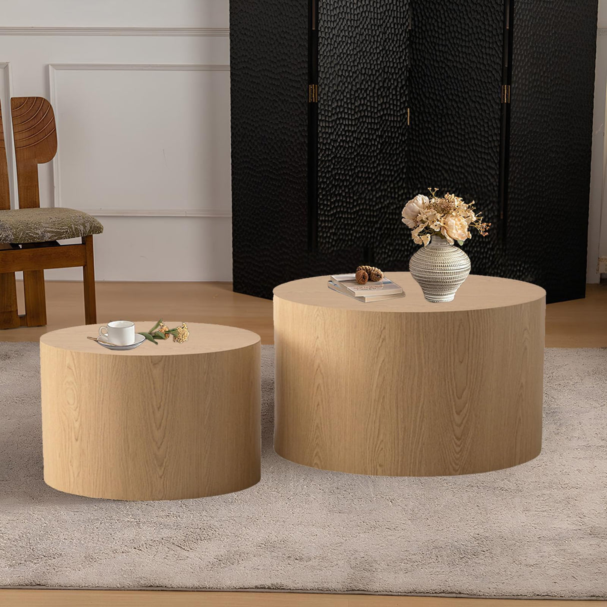 YYZIWYUN Nesting Coffee Table Set of 2 Modern Drum Coffee Table Handcraft Fluted Coffee Table End Table Round Wood Coffee Table for Living Room Small Space, No Need Assembly,Light Wood YYZIWYUN