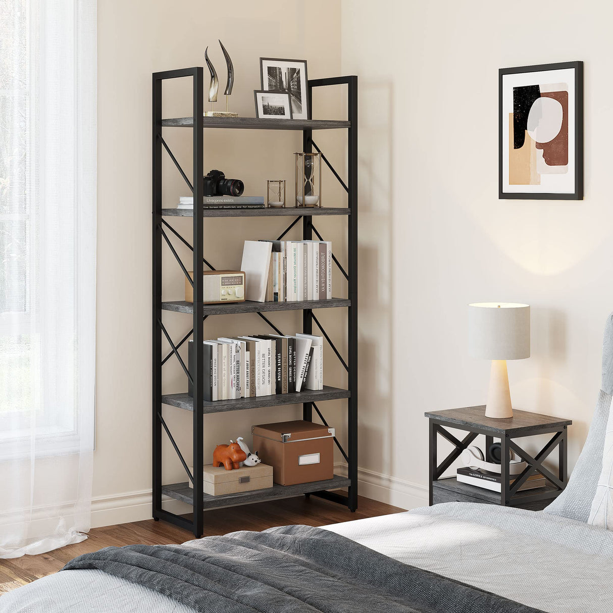 YITAHOME 5 Tiers Bookshelf, Industrial Artsy Grey Bookcase Bookshelves, Book Rack, Storage Rack Shelves Books Holder Organizer for Books Movies in Living Room Home Office, Charcoal Gray + Black YITAHOME