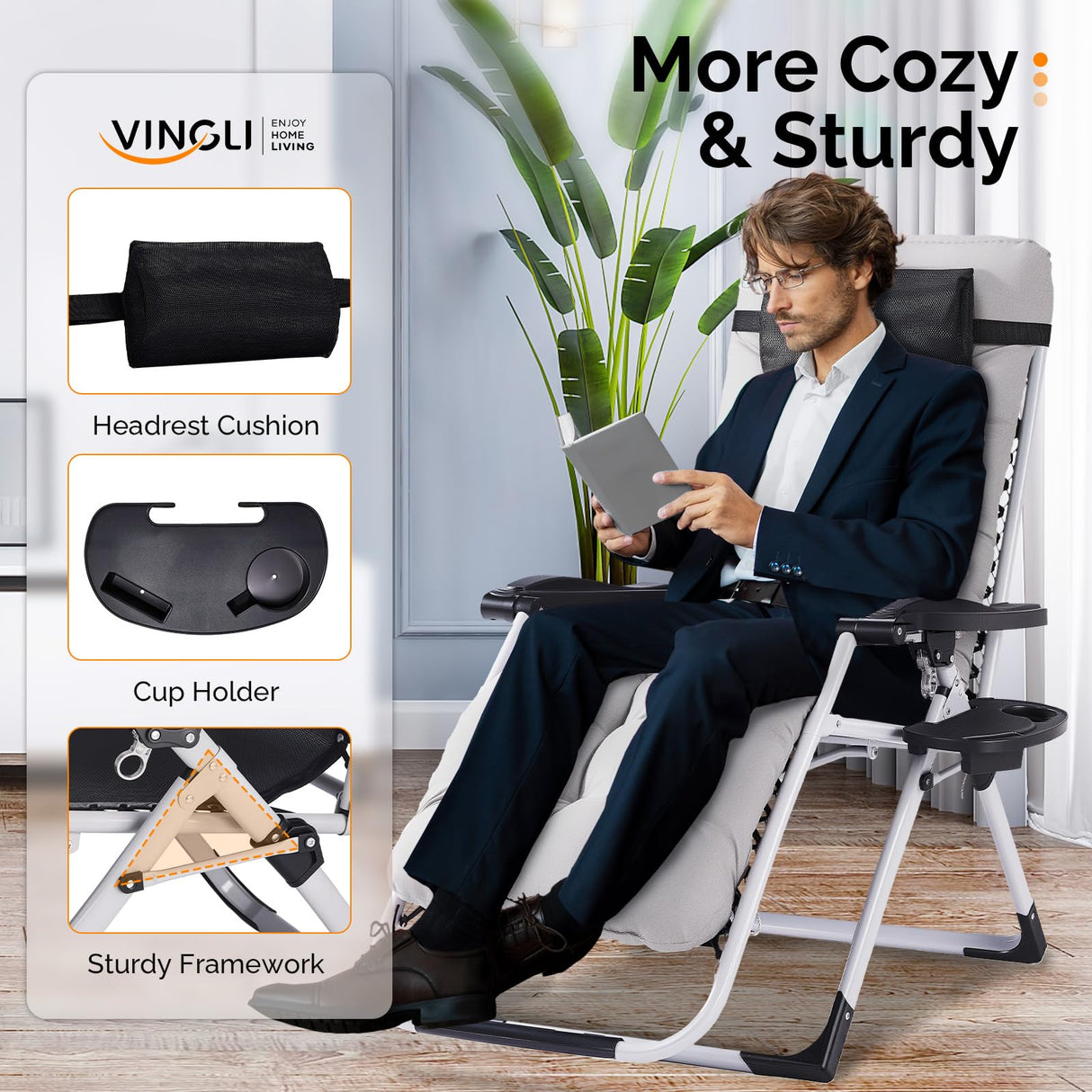 VINGLI Padded Zero Gravity Chair, Lounge Chair with Removable Cushion & Tray, Folding Reclining Patio Chairs, Recliner Chair for Lawn,Indoor and Outdoor VINGLI