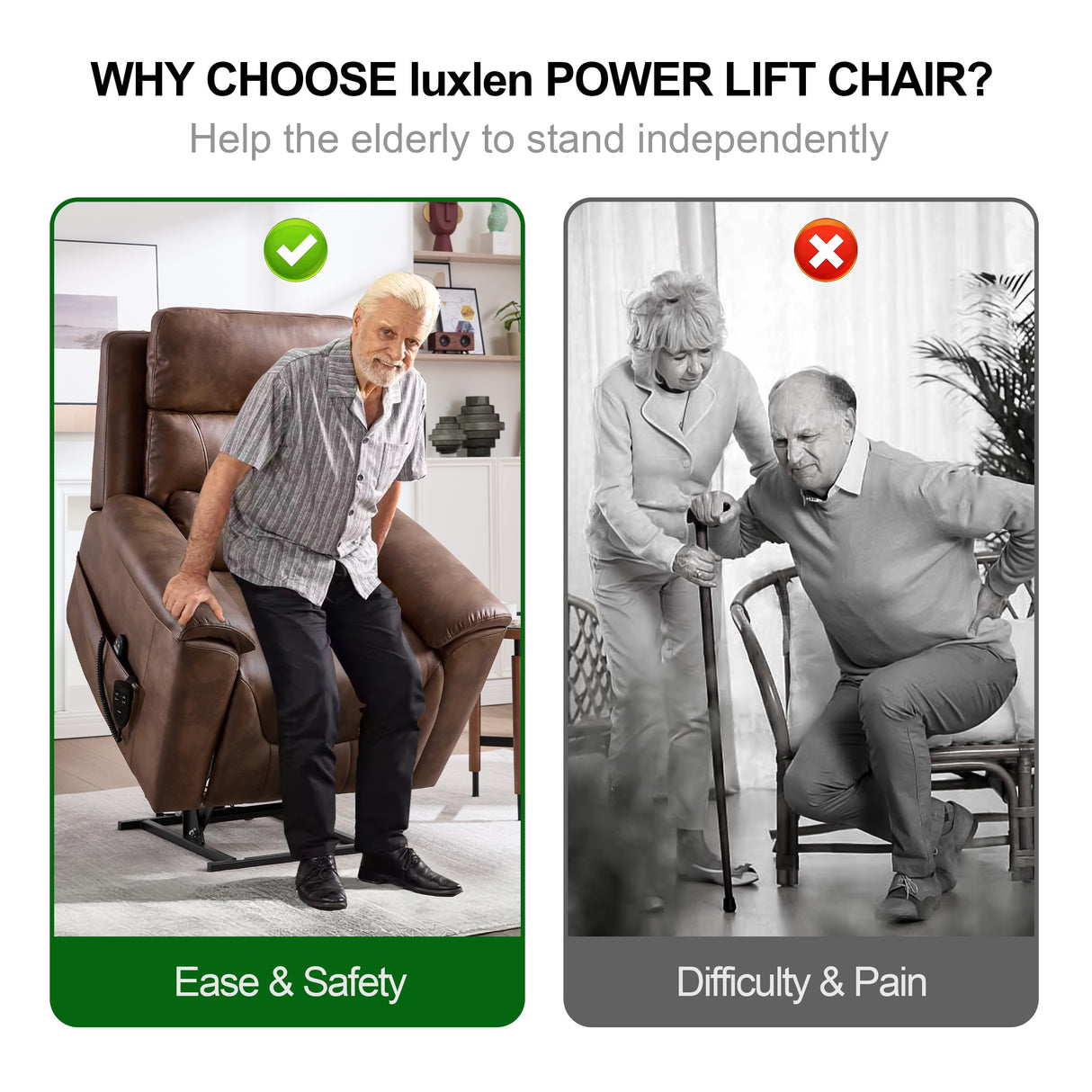 Power Lift Recliner Chair for Elderly People, Dual Motor Lay Flat Recliner with Vibration Massage and Heat, Heavy Duty Motion Mechanism Standing Assistance Reclining Chair, Faux Leather Brown Luxlen