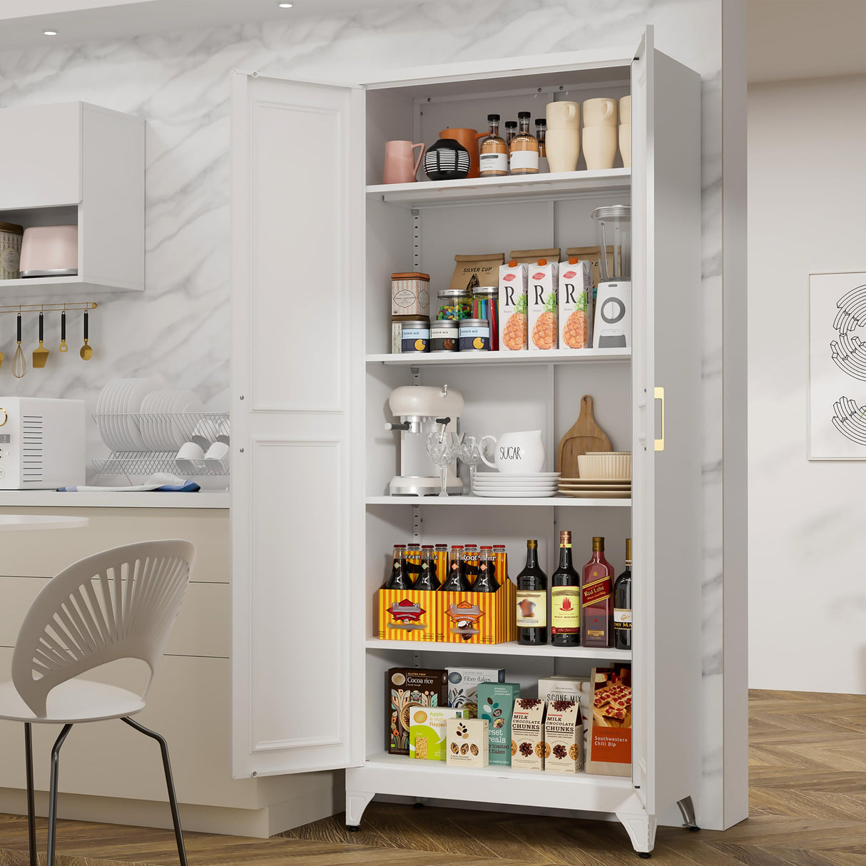 MetalMax Kitchen Pantry Storage Cabinets, 75" Tall Metal Storage Cabinet with Doors and 4 Shelves, White Pantry Cabinet, Utility Kitchen Cupboard, Large Steel Cabinets for Dining, Office, Living Room MetalMax