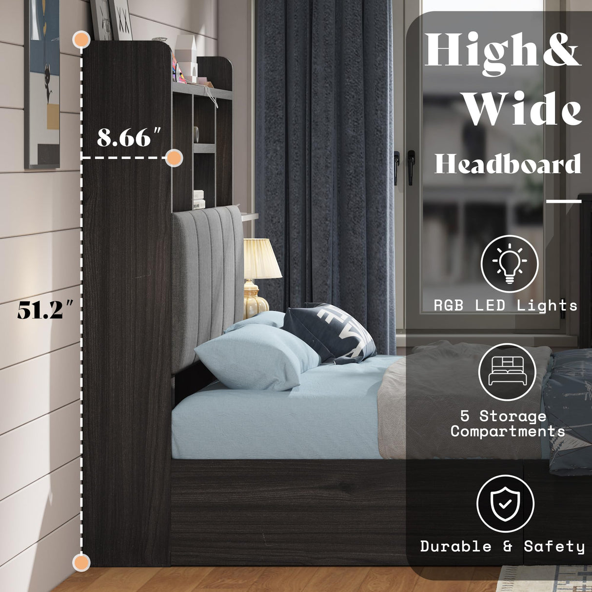 AMERLIFE Twin Bed Frame with 51.2" Tall Bookcase Headboard, Farmhouse Platform Bed with 4 Storage Drawers, Linen Upholstered, Charging Station & Storage, Rustic Black AMERLIFE