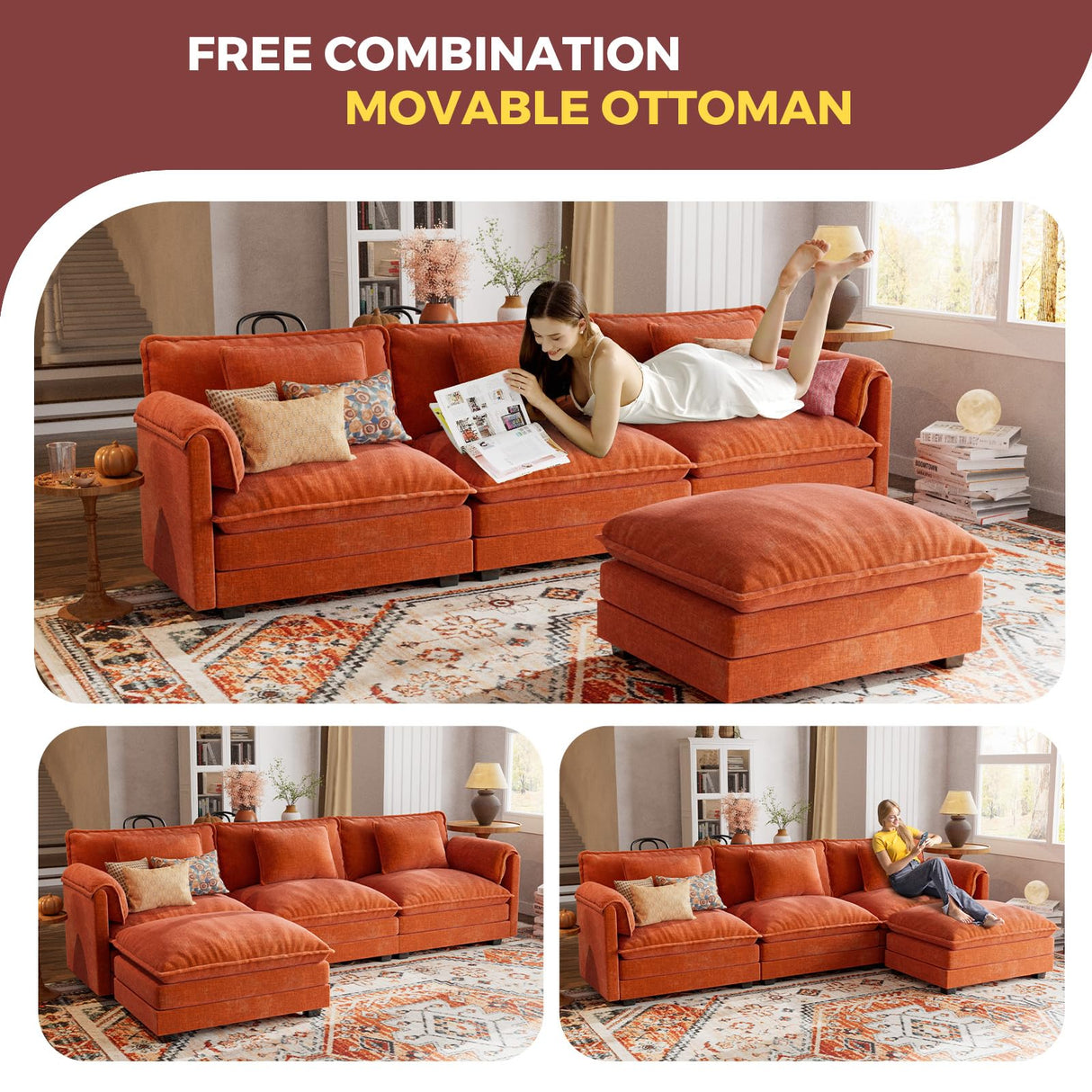 ELUCHANG Oversized 113" Modular Sectional Sofa, Comfy Cloud Couch, L Shaped Deep Seat Sofa Couches for Living Room, 4-Seater Modern Sofa with Movable Ottoman, DIY Combination - Chenille Terracotta ELUCHANG