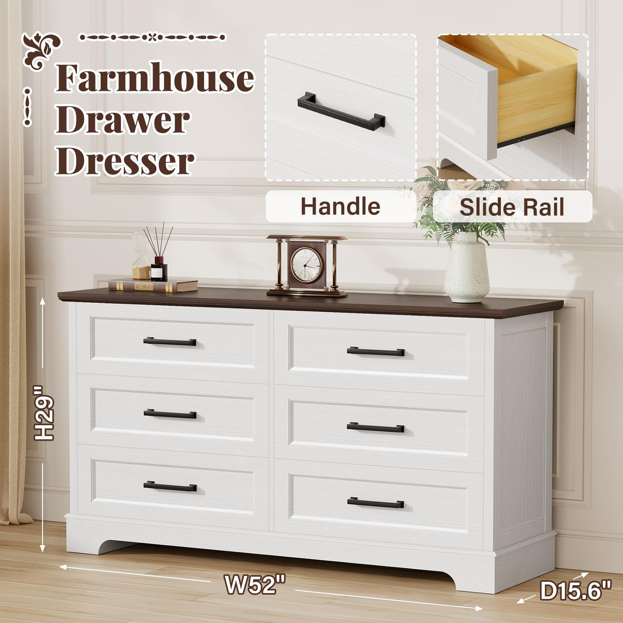 Furmax Farmhouse Dresser for Bedroom, 6 Drawers Dresser, Wood Chest of Drawers, 52" Wide Storage Dressers Organizer for Bedroom, Living Room, White and Brown Furmax