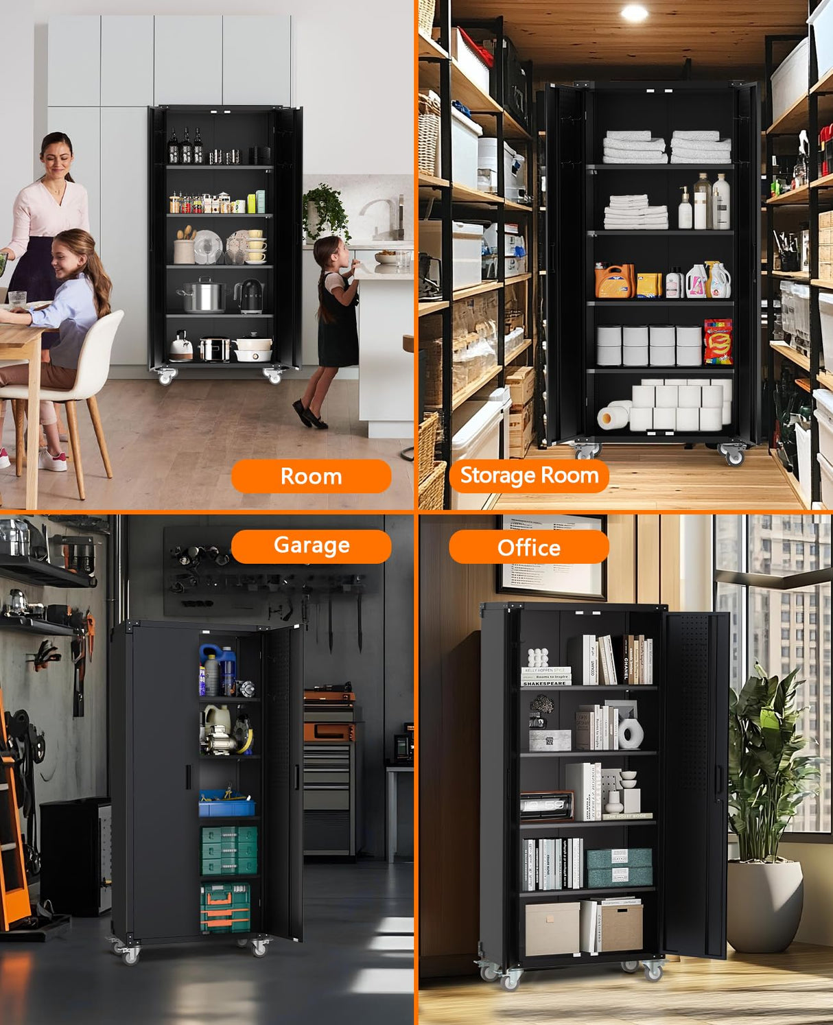 Metal Storage Cabinet 72" H with Wheels, Steel Tool Cabinet with Pegboard and 4 Adjustable Shelves, Lockable Rolling Garage Cabinet for Home,Garage,Office Organization GarveeHome