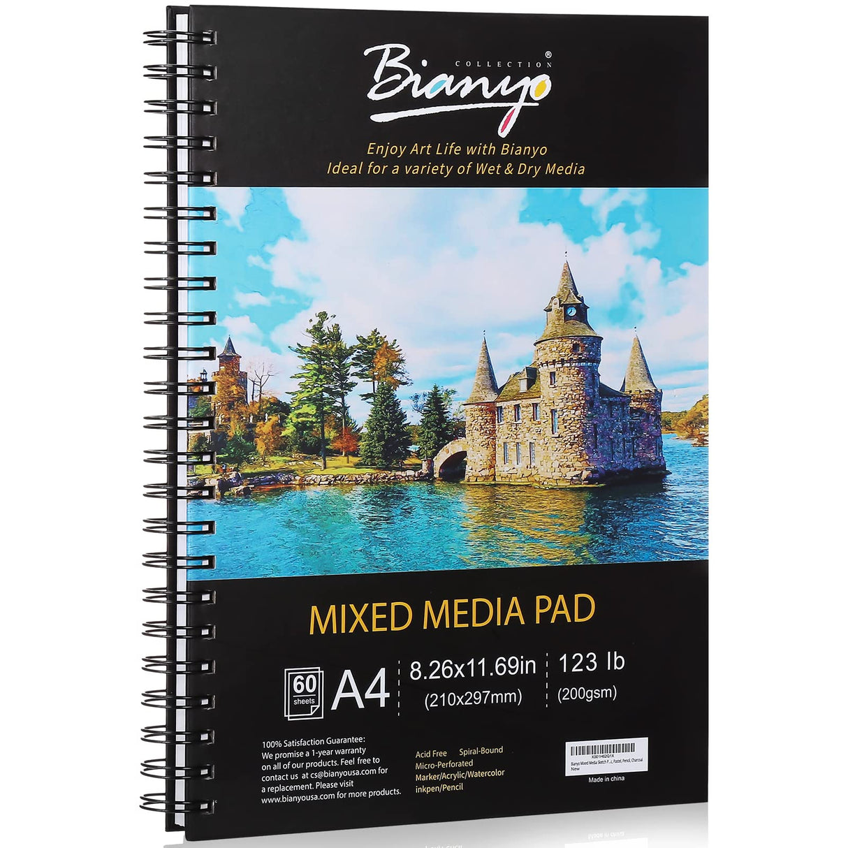 Bianyo Mixed Media Paper Pad, A4 (8.26" X 11.69"), 60 Sheets/Each, 123 LB/200 GSM, Pack of 1 Pad, Spiral-Bound Pad, Ideal for Wet & Dry Media Like Art Marker, Watercolor, Acrylic, Pastel, Pencil Bianyo