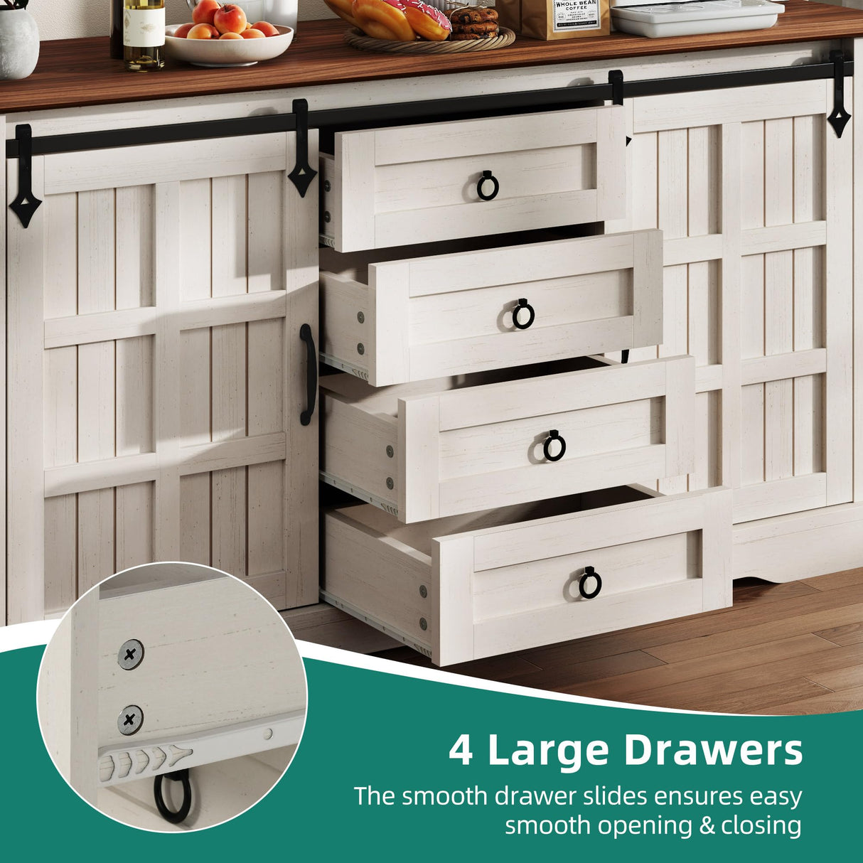 YITAHOME Farmhouse Buffet Cabinet with Storage, 59" Sideboard Cabinet w/Sliding Barn Doors and 4 Drawers, Kitchen Cabinets for Living Room, White Oak YITAHOME