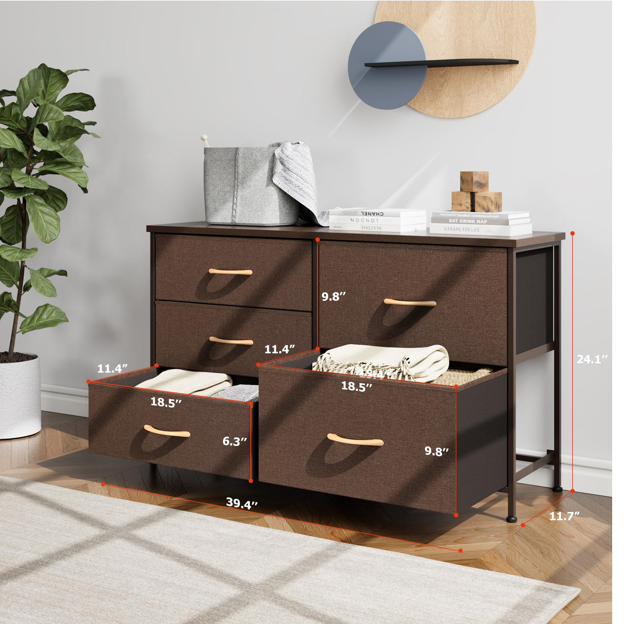 Nicehill Dresser for Bedroom with 5 Drawers, Storage Drawer Organizer, Wide Chest of Drawers for Closet, Clothes, Kids, Baby, TV Stand with Storage Drawers, Wood Board, Fabric Drawers(Brown) Nicehill
