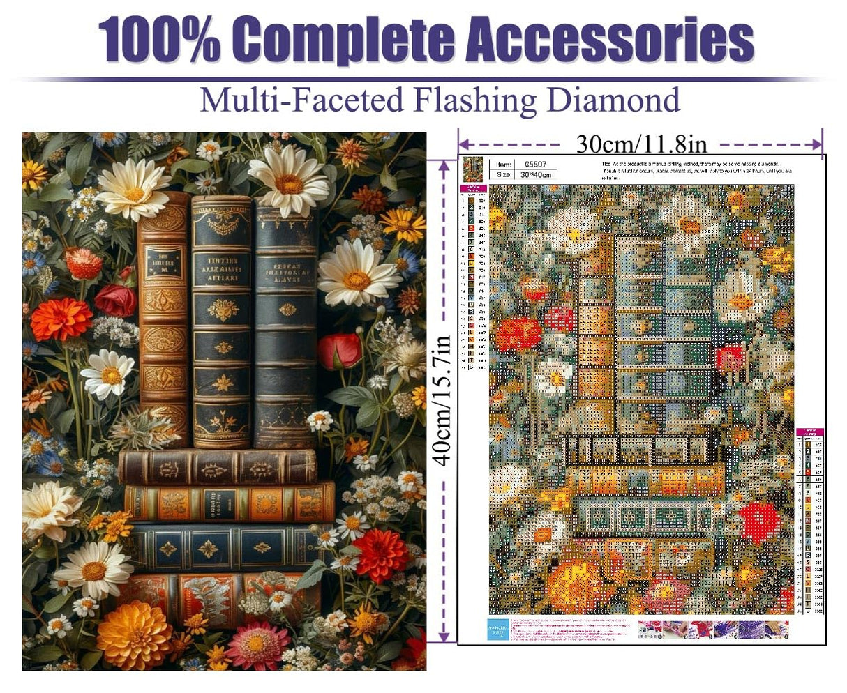 Books Diamond Art Kits for Adults, Flower 5D Diamond Painting for Adults, Gem Painting Kit Parts for Wall Home Decor Arts Craft 12x16 inch Clendo