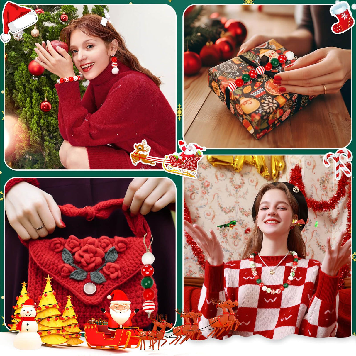 ROADPLUM 320 PCS Christmas Wooden Beads with Jute Twine, 16mm Wooden Christmas Beads in 11 Styles, Wooden Craft Beads with Holes for Christmas Party Holiday Decoration and Bracelet Making ROADPLUM