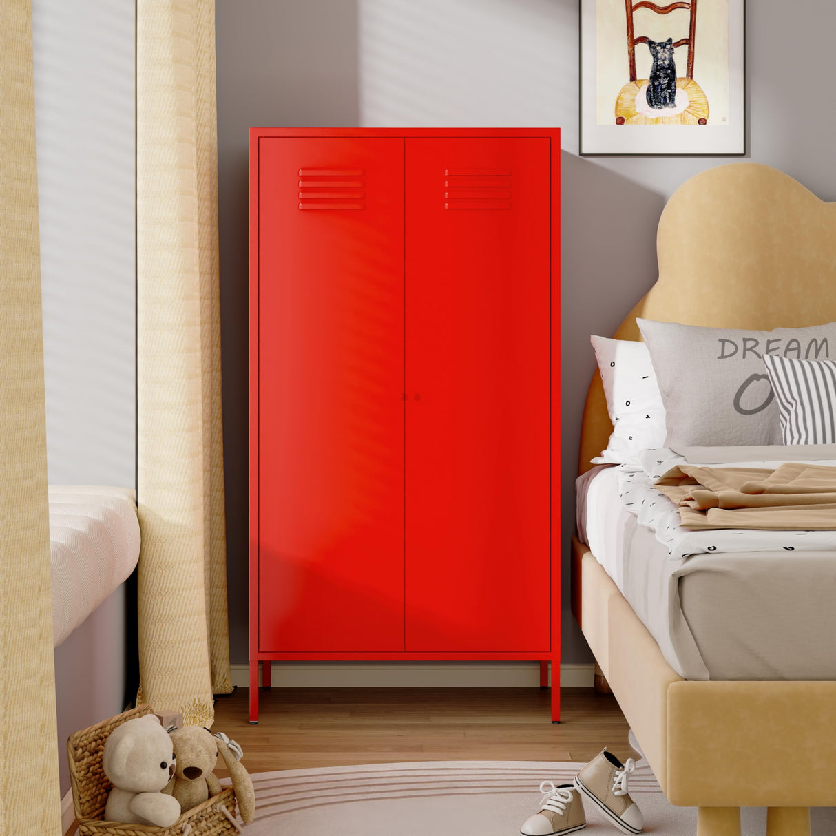 SunLinkSan Metal Storage Cabinet with Doors and Adjustable Shelves, Organization Locker, Farmhouse Kitchen Pantry for Cupboard, Bedroom, Dining, Living, Bathroom, Office, Garage Room (Wardrobe, Red) SunLinkSan