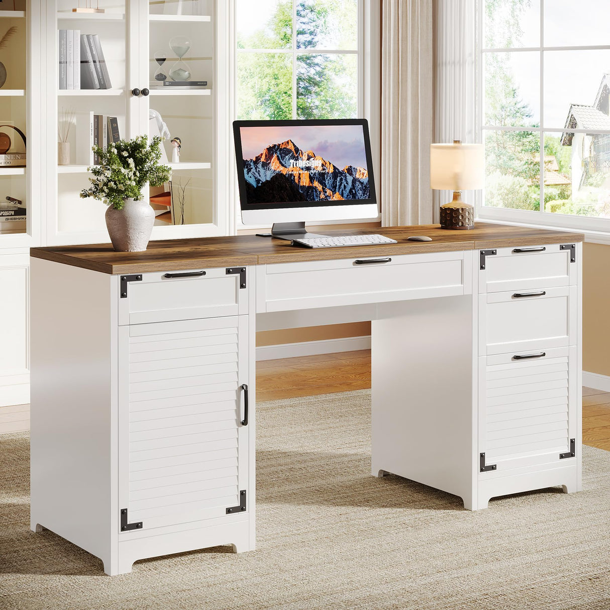 Tribesigns 59" Farmhouse Executive Desk, Computer Office Desk with File Drawers, Charging Station and Storage Cabinet, Wooden Rustic Writing Study Table for Home Office, White Tribesigns