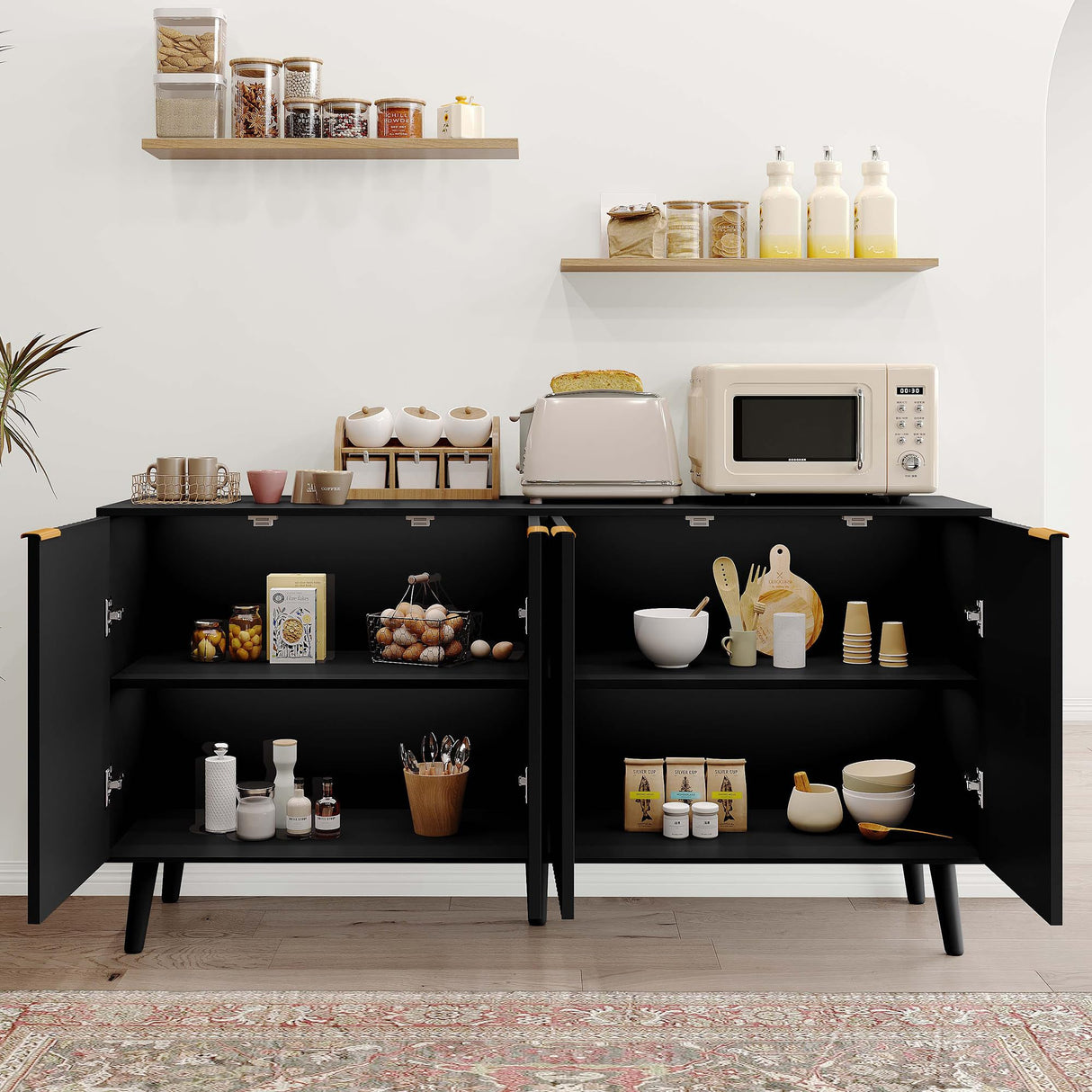 Luoxiao Modern Scandinavian Fluted Black Sideboard Buffet Cabinet with Adjustable Shelves Luoxiao