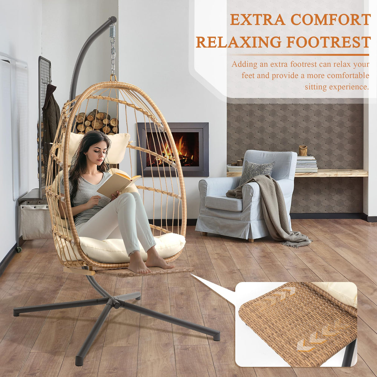 Hanging Egg Chair with Stand and Footrest for Indoor Outdoor - Patio Swing Egg Chairs Wicker Hammock Chair Bedroom, Aluminum Steel Frame and UV Resistant Cushion 370LBS Capacity for Kids Adults, Beige XIAO WEI