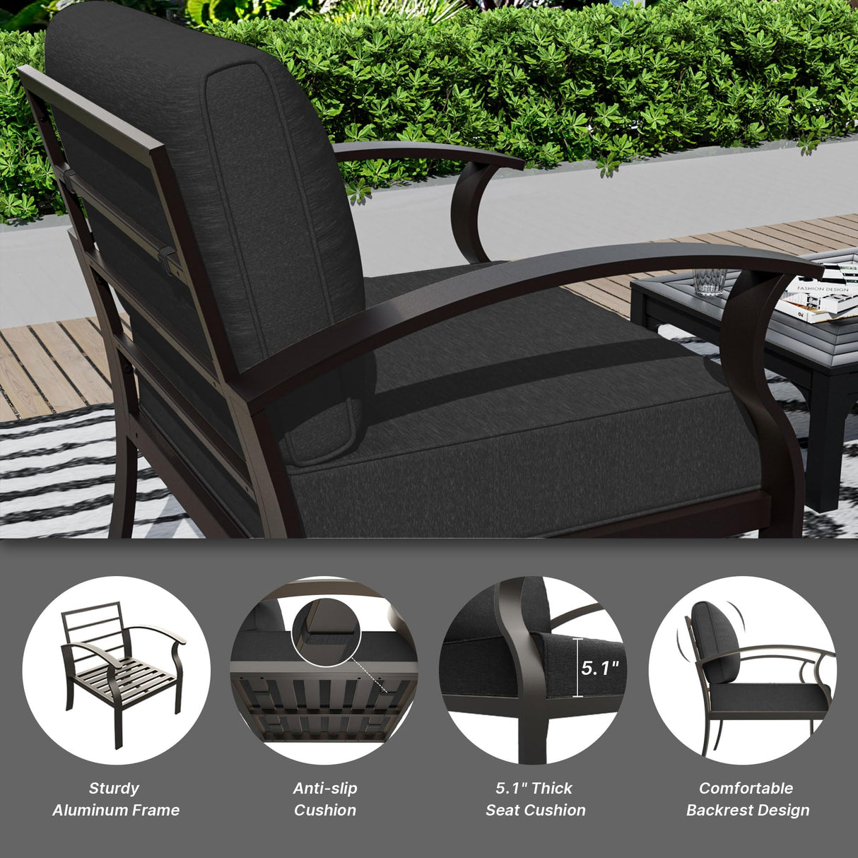Gotland Outdoor Aluminum Patio Furniture Set with Fire Pit Table, 5 Pieces Metal Patio Furniture with 2 Swivel Rocking Chairs Waterproof 5.1'' Seat Cushions, for Garden Balcony Porch Gotland