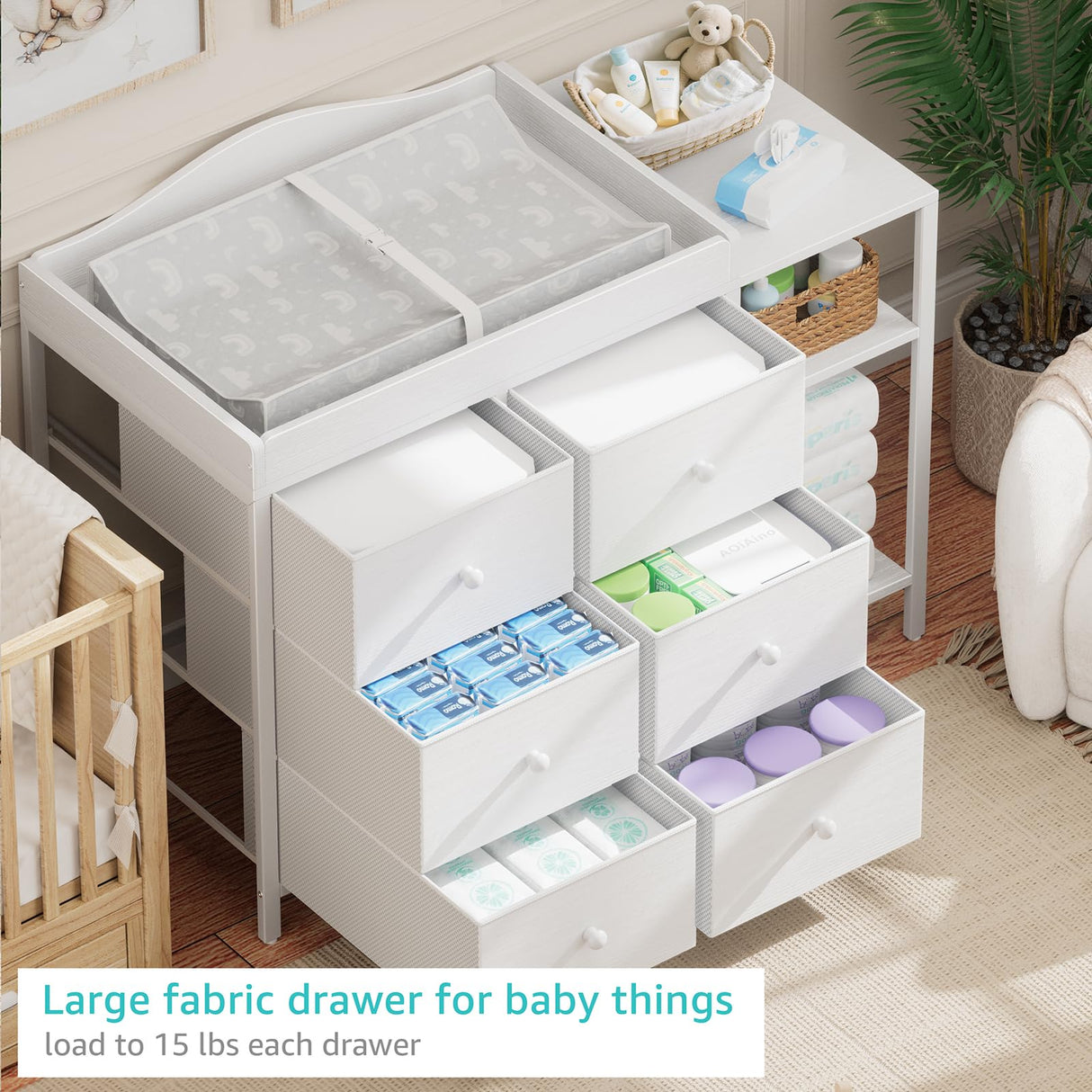 BOLUO Baby Dresser with Changing Table Top, White Changing Table Dresser with 6 Fabric Drawers Diaper Changing Station with Storage Shelf for Nursery Modern BOLUO