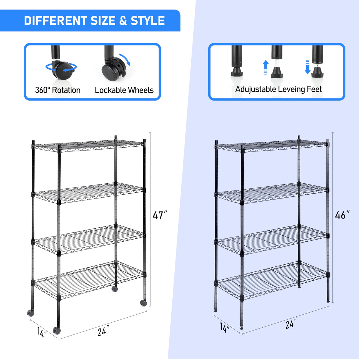 Healsmat Heavy Duty 4-Tier Shelving Units Adjustable, Wire Shelf with 800 lbs Capacity (200 per Shelf), 24" D x 14" W x 47 "H, Black, 4 Levels, Storage Shelf with Wheels & Leveling Feet HealSmart