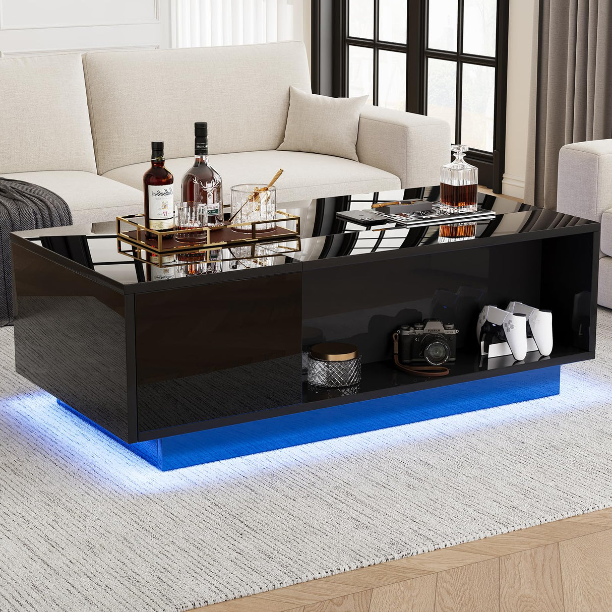 Buenhomino 47" Modern LED Coffee Table with Lift Top, All Black Coffee Table with Storage High Gloss Surface, Hidden Storage with Drawer, Open Shelves, and Built-in Power Outlet for Living Room Buenhomino