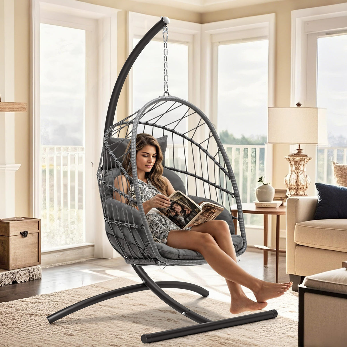 YITAHOME Hanging Egg Chair, Outdoor Patio Wicker Hammock Egg Chair Indoor with Cushion, Rattan Swing Chair 350lbs for Balcony, Garden Bedroom, Gray with Stand YITAHOME