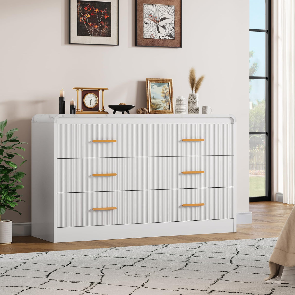 YITAHOME 6-Drawer Dresser with Built-in Power Outlet, Wood TV Stand with 6 Large Drawers and Bar Handles, White Dresser Chest of Drawers for Living Room, Hallway, Entryway YITAHOME