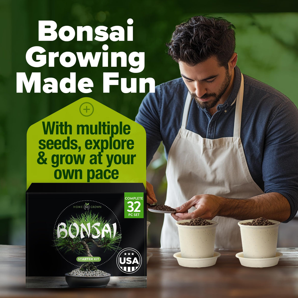 Bonsai Tree Kit - Gifts for Men & Women - Grow 4 Bonsai Trees - Unique Gardening Crafts for Adults, DIY Hobbies for Plant Lovers & Gardeners - Unusual Christmas Gift Ideas for Mom & Dad HOME GROWN