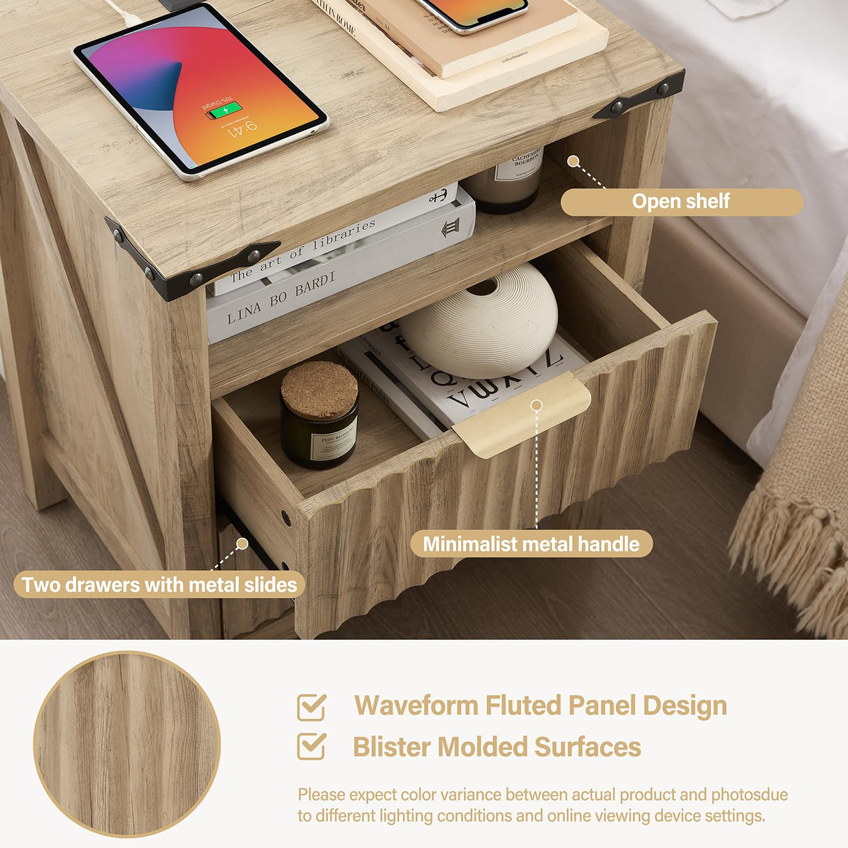 BuildHom Brown Fluted Night Stand with Charging Station, 2 Drawers Nightstand w/Open Shelves, Wood Curved Profile Design End Table, Modern Bedside Table for Bedroom, Sunwashed Ash Oak BuildHom