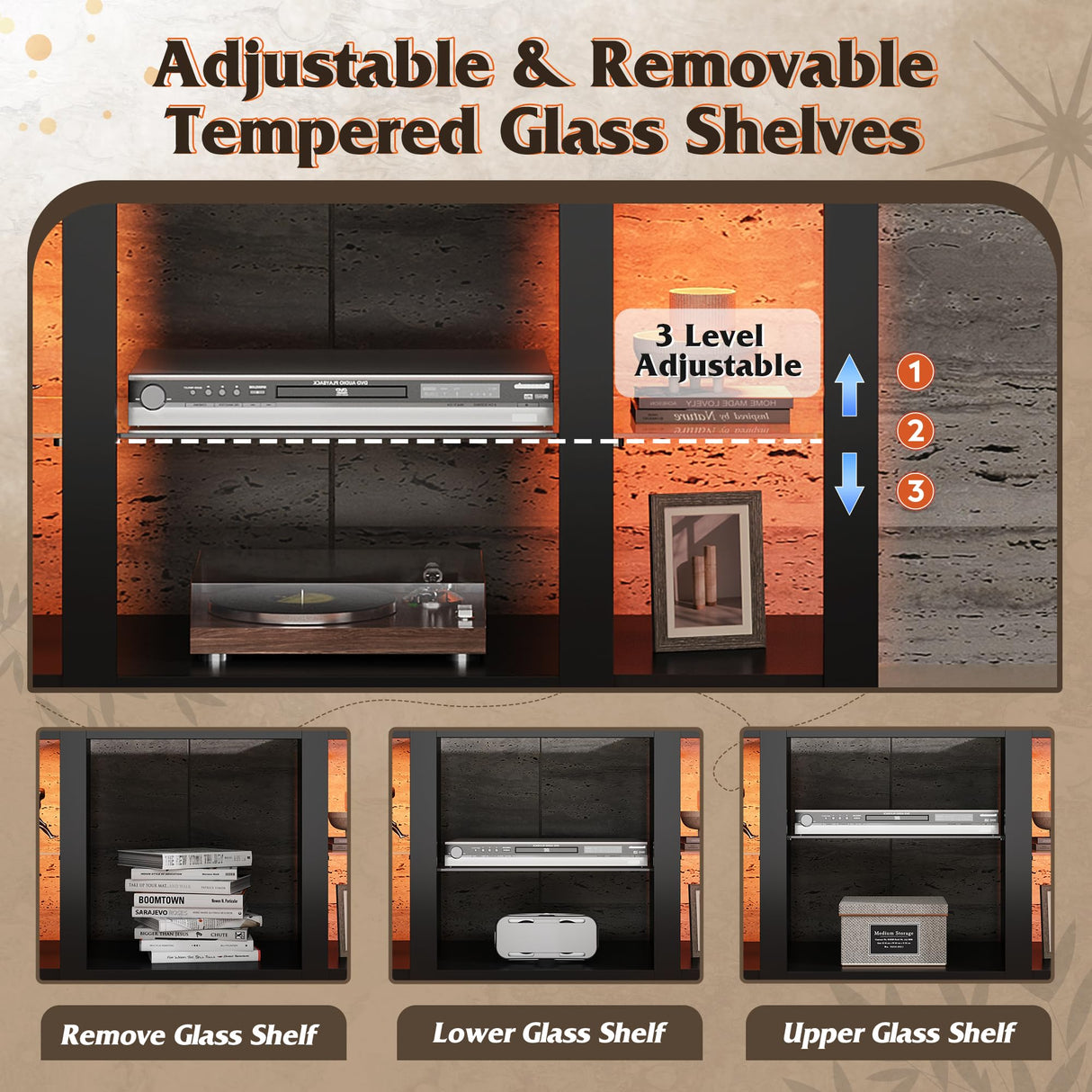 WLIVE TV Stand for 43 Inch TV, Modern Entertainment Center with LED Lights & Adjustable Glass Shelves, Sturdy Media Console for Living Room, Bedroom,Gaming (Black) WLIVE