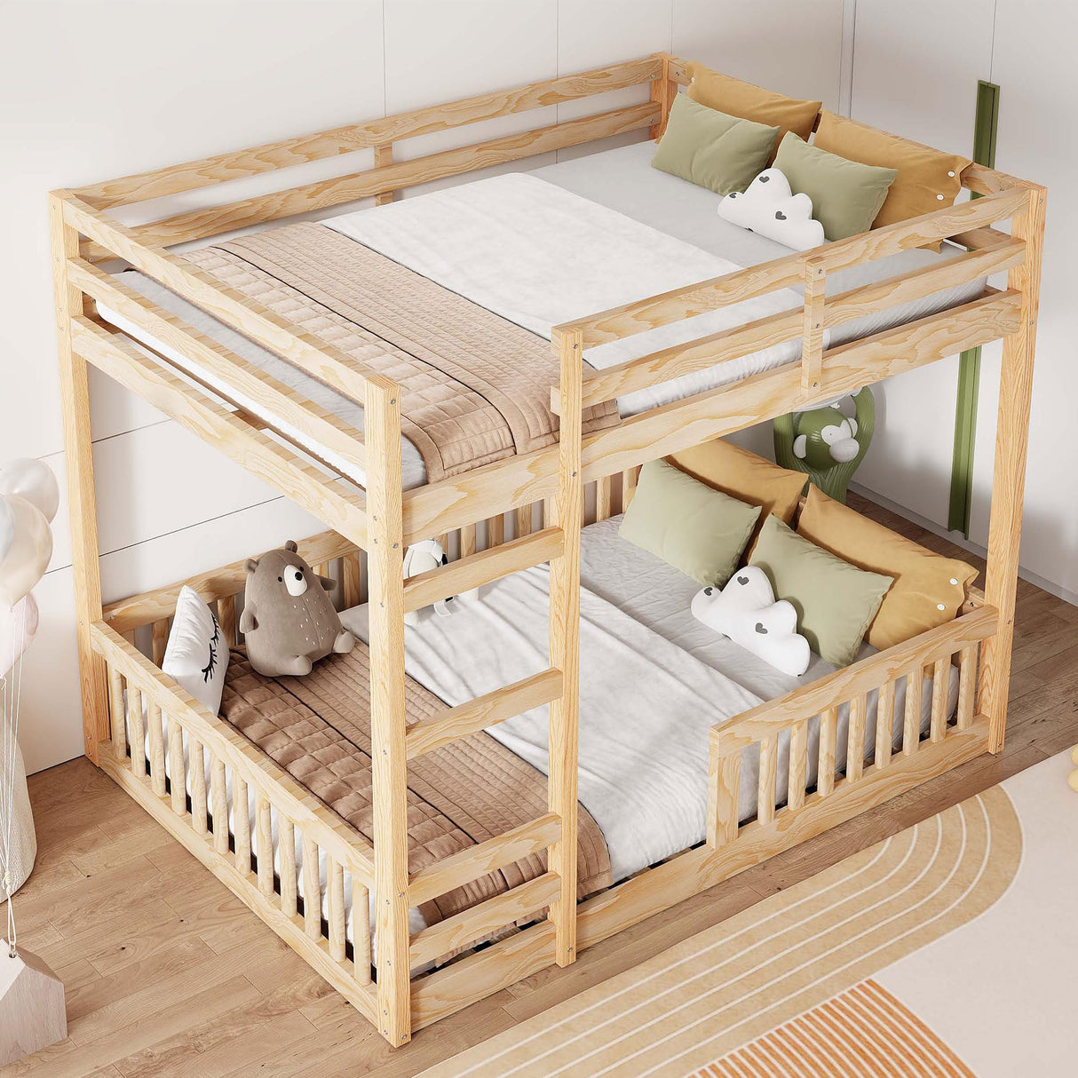 Full Over Full Bunk Bed with Ladders Wood Bunk Beds with Full-Length Guardrails Floor Bunk Bed Frame for Kids, Boys, Girls, No Spring Box Needed, Natural Bellemave