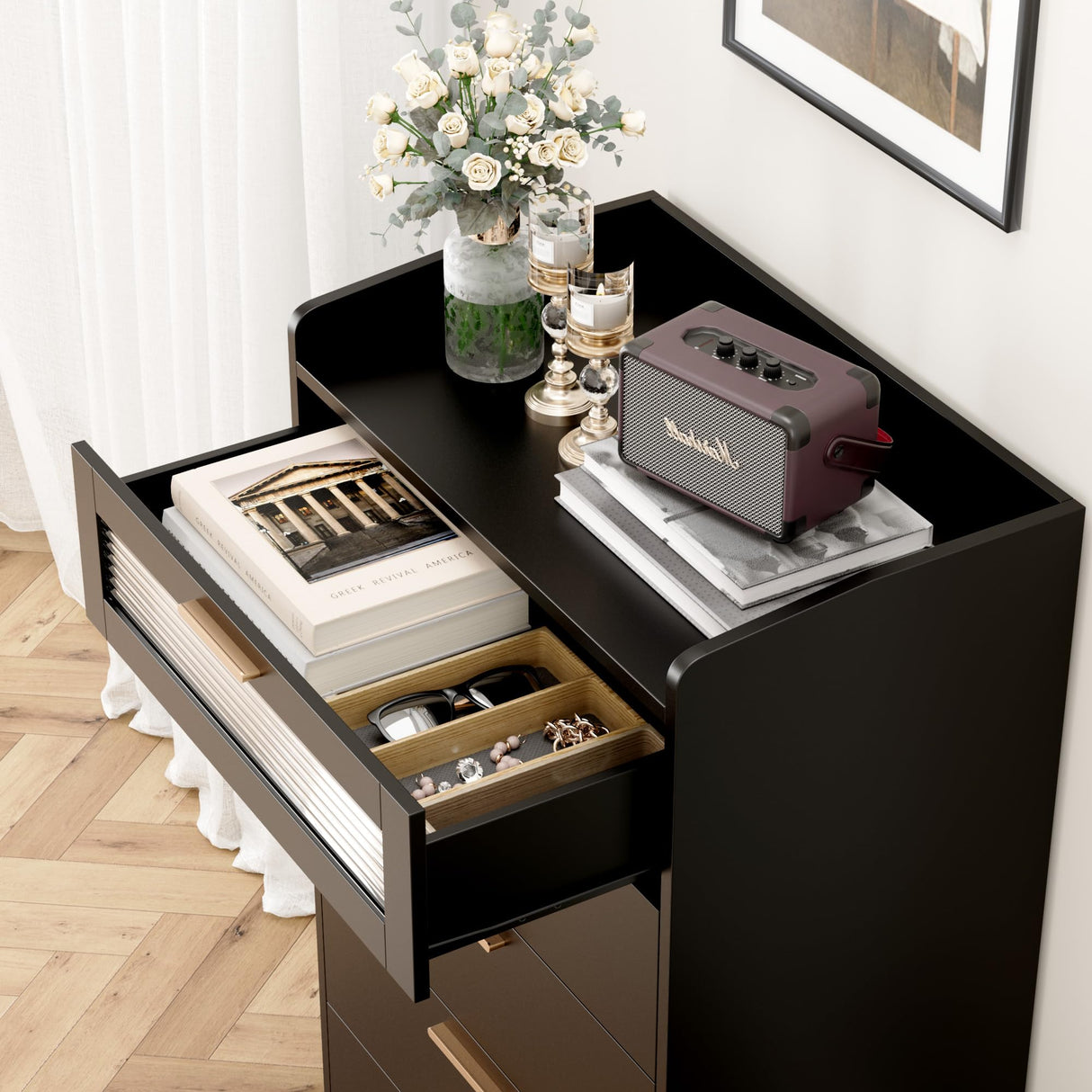 HOSTACK Modern 5 Drawer Dresser, Tall White Dresser Chest of Drawers with Gold Handles, Wood Dresser Storage Cabinet with Anti-Drop Fence & Fluted Glass for Living Room, Hallway, Entryway, Black HOSTACK