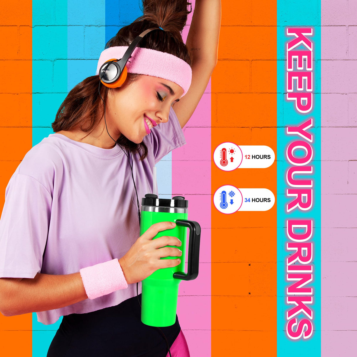 sweet grain 20 Pack 40 oz Neon Tumbler with Handle, Leak Proof Sublimation Tumbler with Lid and Straw, Stainless Steel Vacuum Insulated Travel Mugs for Water, Iced Tea or Coffee sweet grain