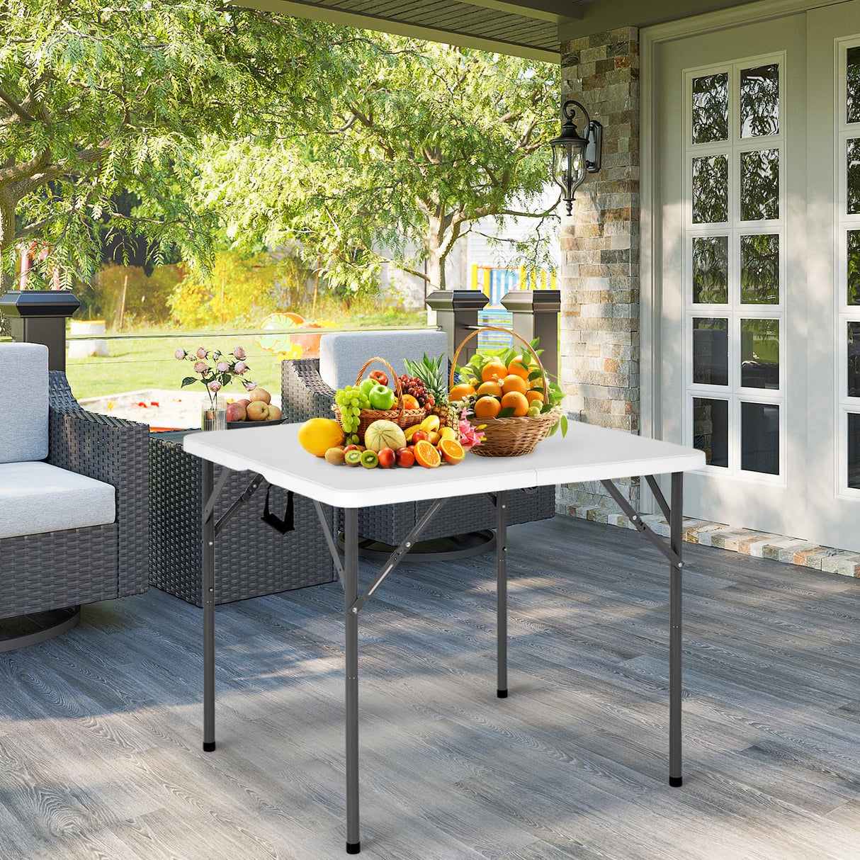 34" Square Plastic Folding Card Table, Portable Outdoor Dining Table with Collapsible Legs and Carrying Handle,Plastic Tables for Camping,Picnic, Office, Party, White PayLessHere