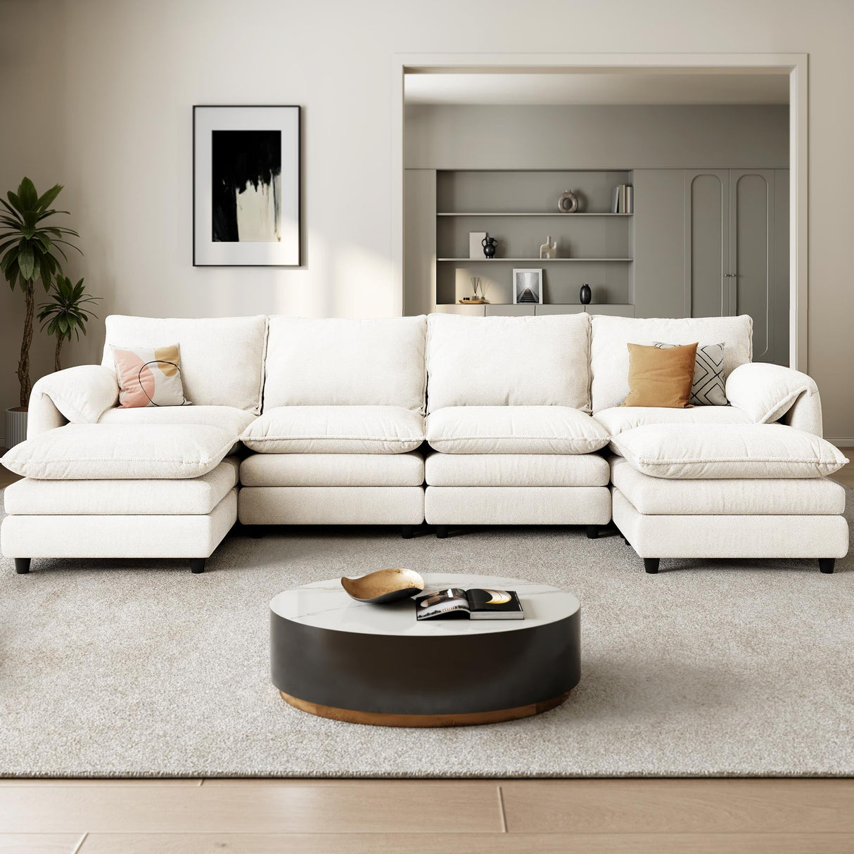 YITAHOME 142" Modular Sectional Sofa with Movable Ottoman, Modern U Shaped Couch with Pillow-Armrest, Velvet 6 Deep Seat Cloud Couch for Living Room Apartment Office, Beige YITAHOME