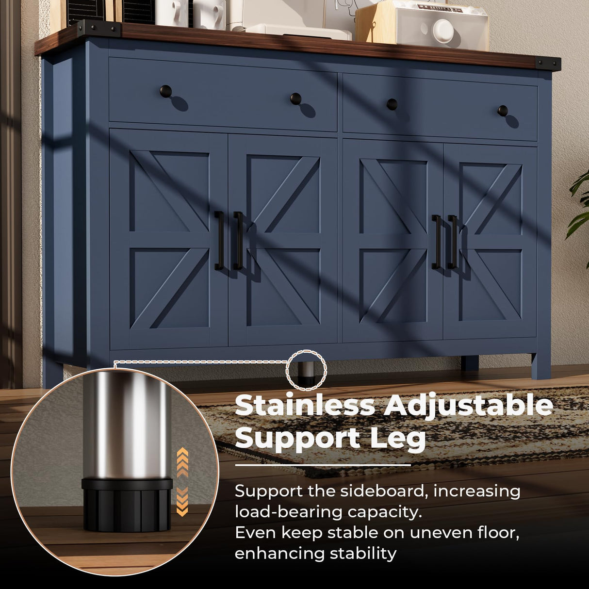 VVFLU Buffet Cabinet with Storage Farmhouse with 4 Doors and 2 Drawers, 55'' Large Kitchen Storage Cabinet Blue Wood Coffee Bar Buffet Sideboard for Kitchen, Dining Room, Living Room VVFLU