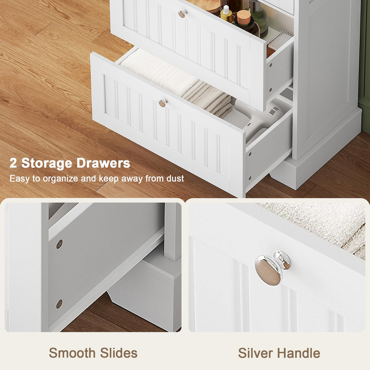 Treocho Bathroom Floor Cabinet, White Bathroom Storage Cabinet with Drawers and Adjustable Shelf, Freestanding Kitchen Pantry Cupboard with 2 Doors for Living Room Treocho