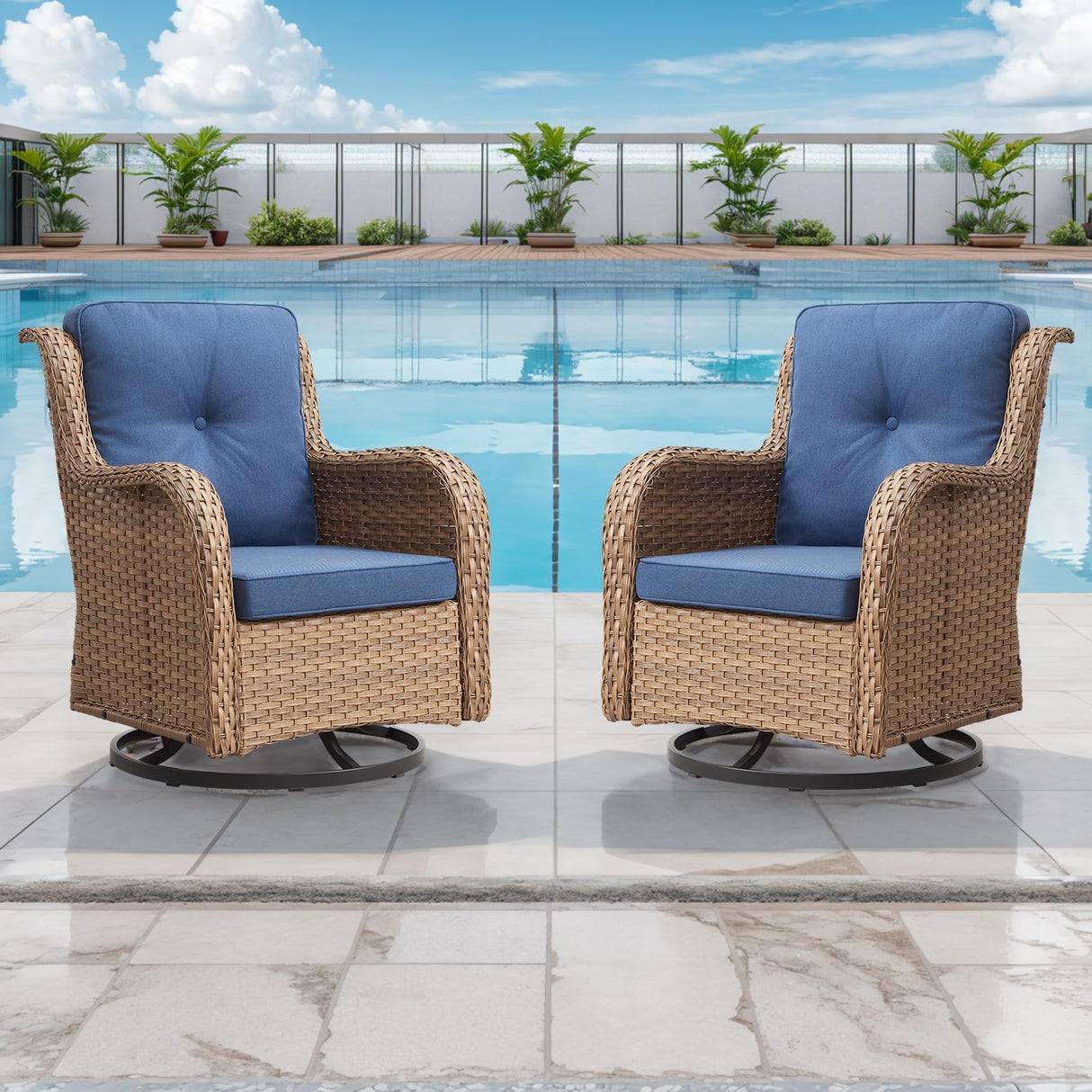Rilyson Patio Chairs Rocking Swivel Chiar - 3 Piece Outdoor Wicker Patio Bistro Set Rattan Rocker Glider Chairs with High Back and Deep Seating for Outside Porch Deck Garden(Yellow/Blue) Rilyson