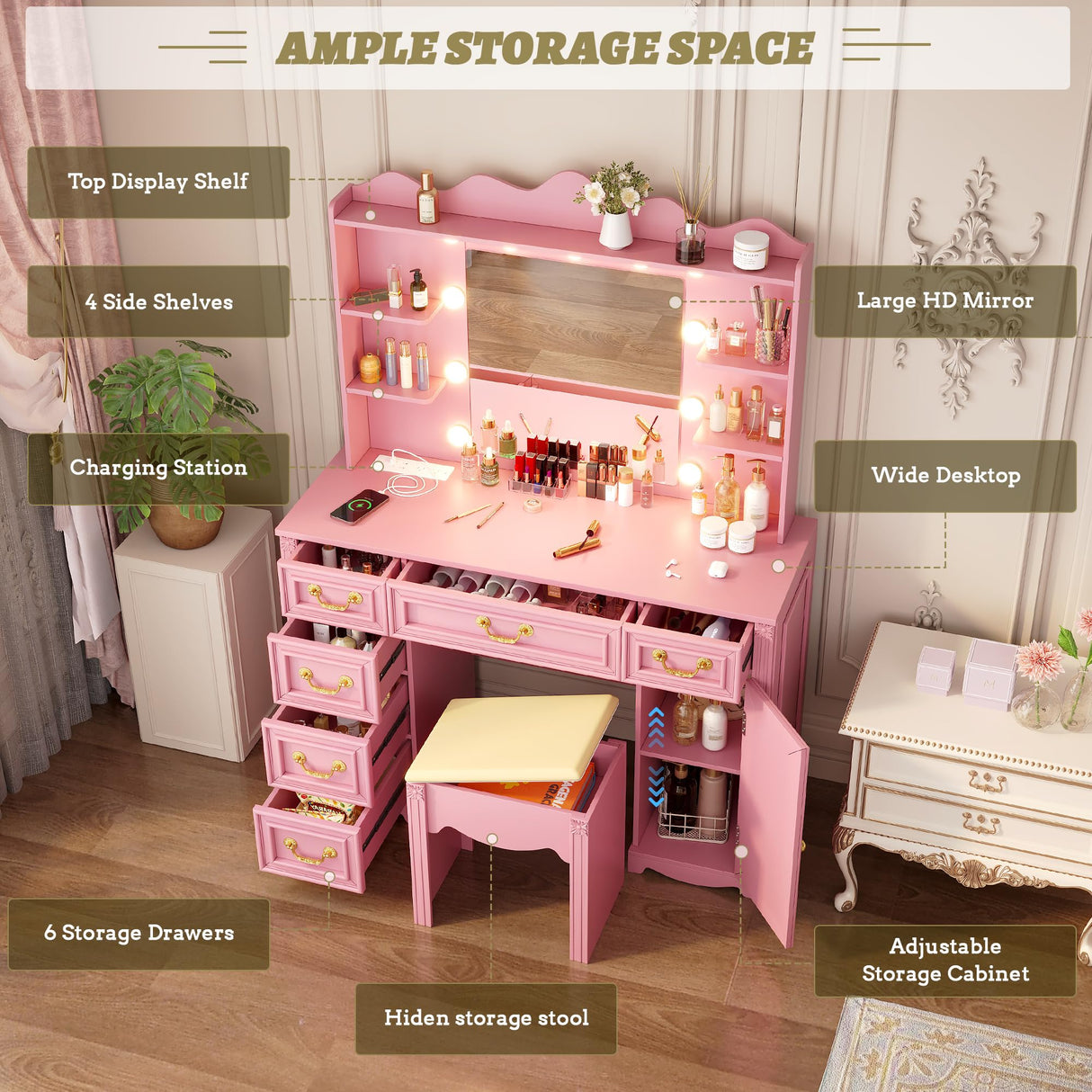 Vlsrka Vanity Desk with Large Mirror and Lights, 43.3" Makeup Vanity Desk with Charging Station and 6 Drawers, Makeup Dressing Table with Storage Stool for Bedroom (Pink) Vlsrka