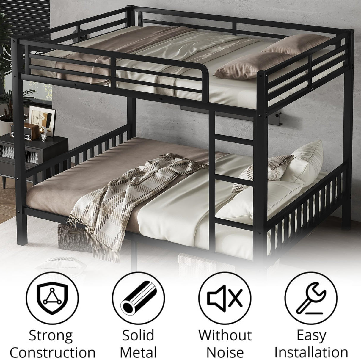 Luckiofvonne Queen Over Queen Bunk Bed for Adults, Heavy-Duty Metal Bunk Bed Frame with Ladder, High Guardrail and Slats Support, No Box Spring Needed, Black Luckiofvonne