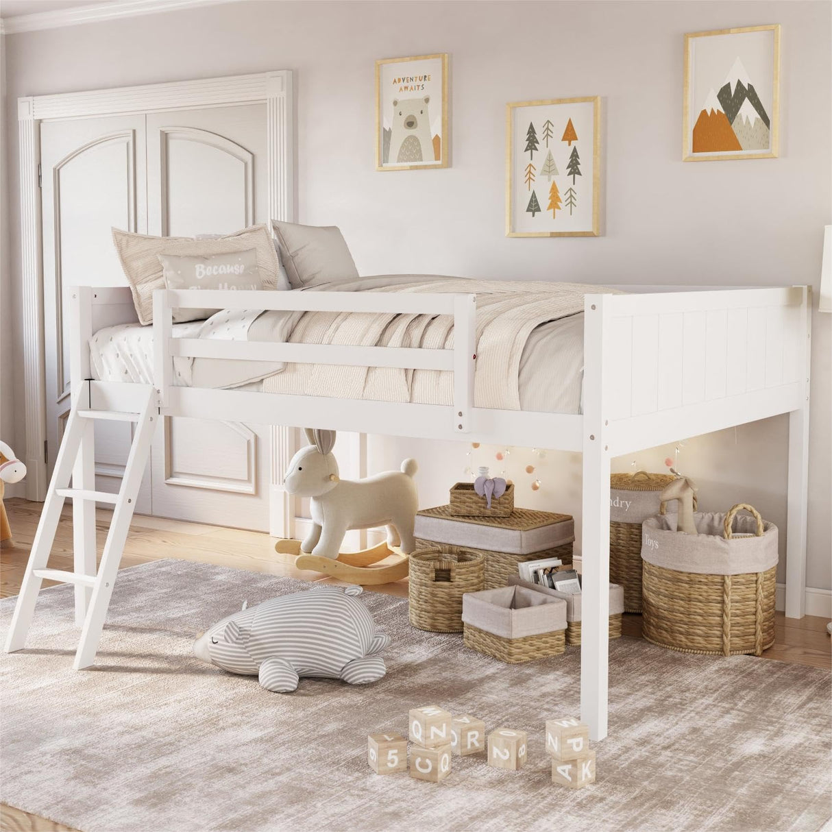 Merax Low Loft Bed: Wooden loftBed with Ladder, Low Loft with Full Guardrail,Ladder can be Placed on The Left or Right, Full Size,White Merax