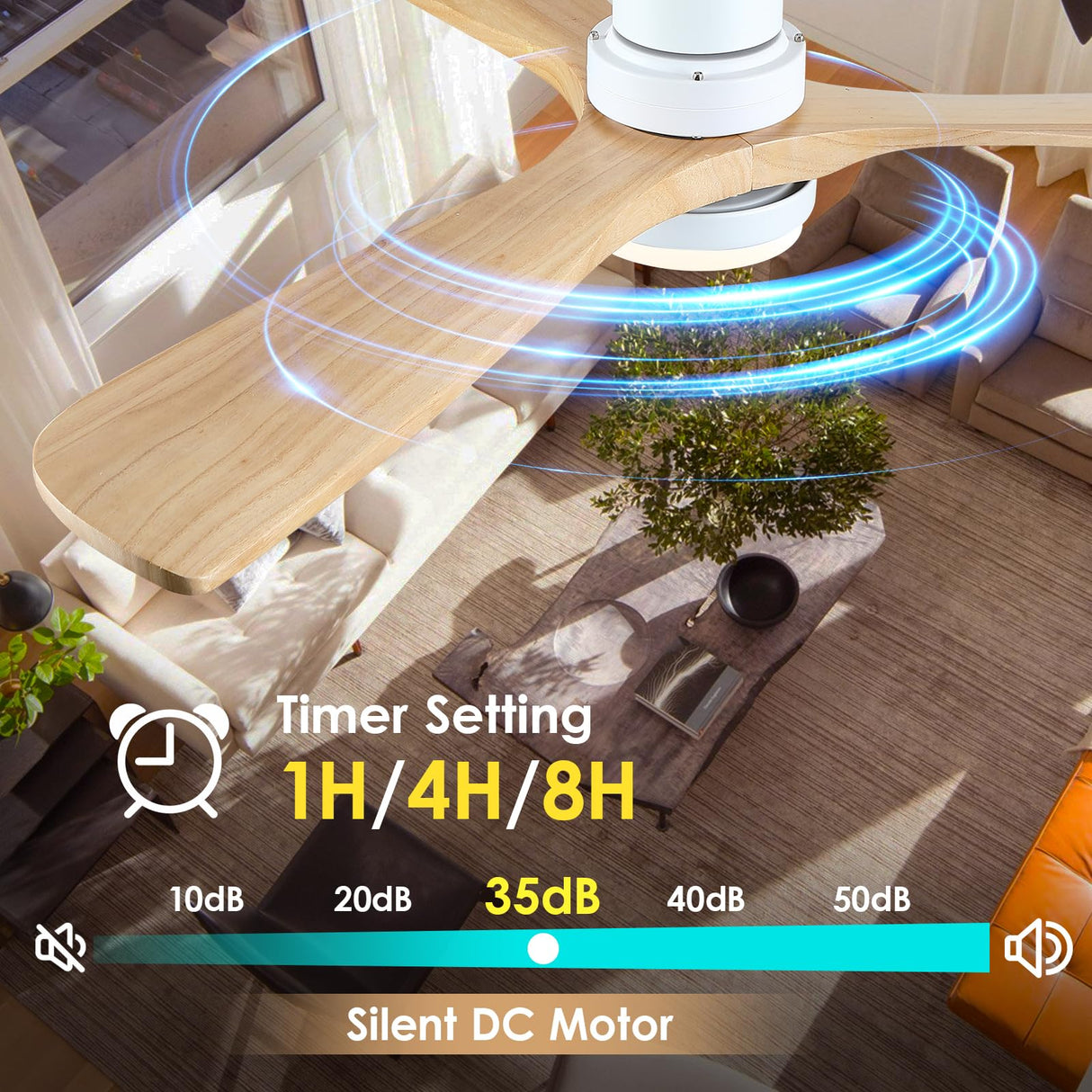 Mpayel 52" Wood Ceiling Fan - Farmhouse Ceiling Fan Light with 3 Solid Wood Reversible Blades, 6 Speeds, Indoor Outdoor Ceiling Fan for Patios, White Mpayel